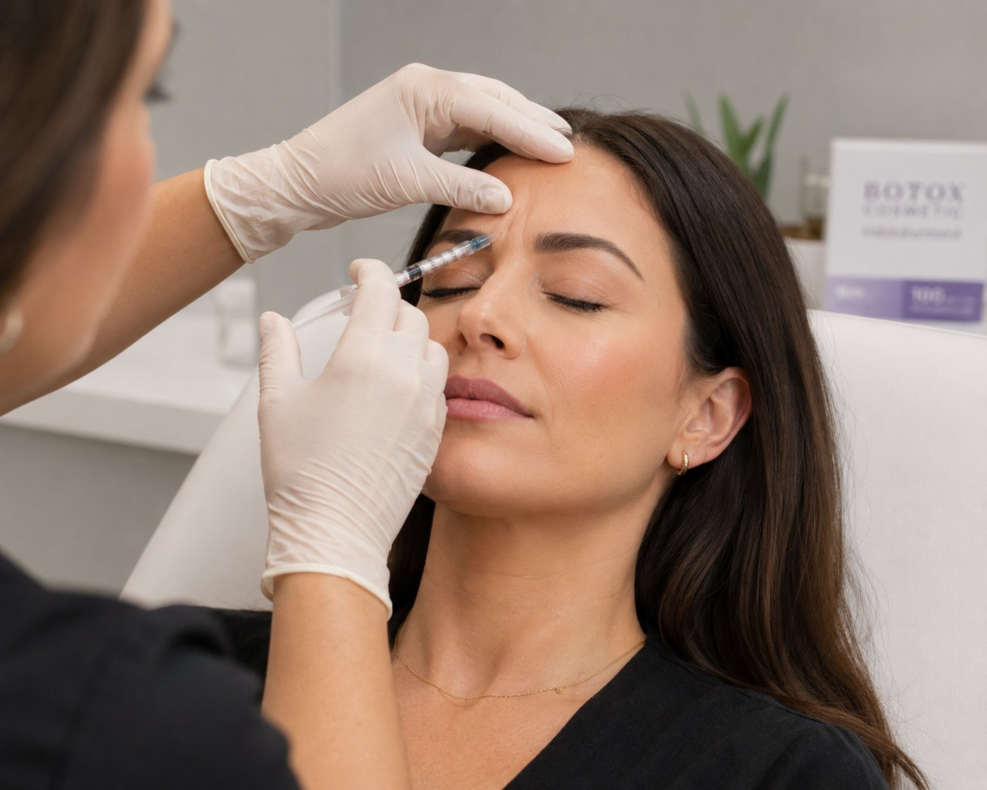 A clinician in gloves carefully administering an injectable treatment between a patient's brows.